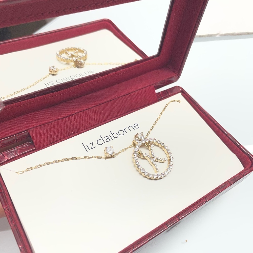 Liz Claiborne Monogram "K" Silvertone Rhinestone Jewelry Set in Gift Box NEW